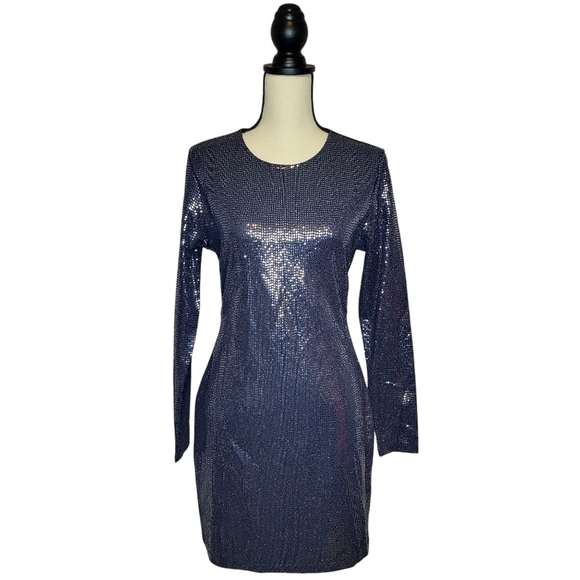 H&M Dresses & Skirts - H&M Divided blue silver shimmer bodycon open back long sleeve mini dress sz L
